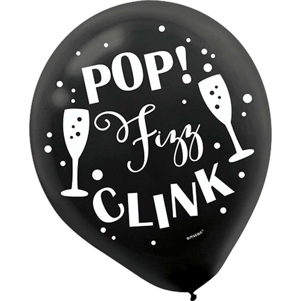 Happy New Year Printed Latex Balloons Black Silver Gold 15ct. - Toy World Inc
