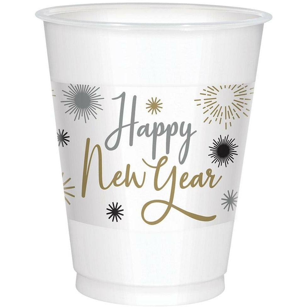 Happy New Year Printed Plastic Cups Black Silver Gold 25ct. - Toy World Inc