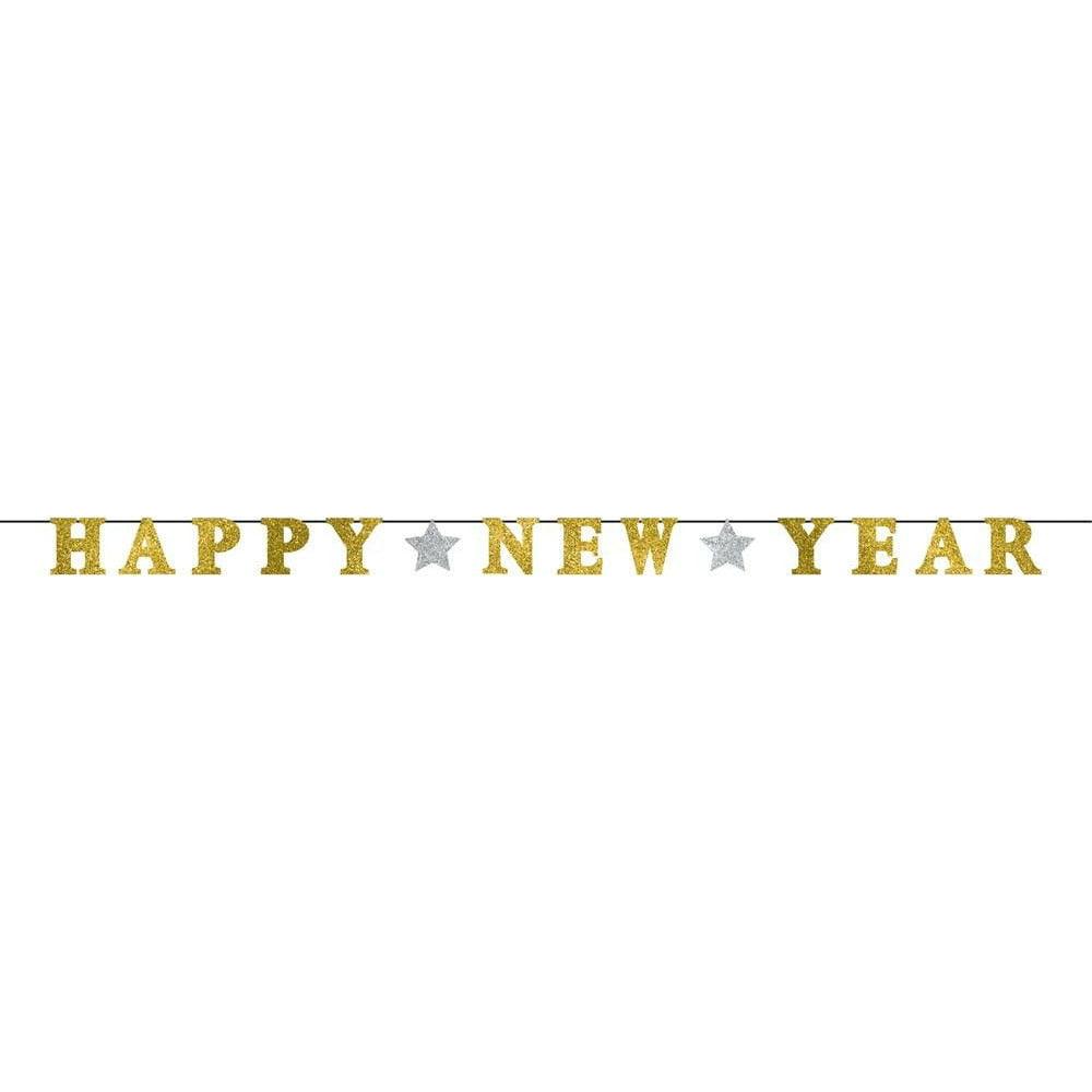 Happy New Year Ribbon Banner with Glitter Paper Letters Silver and Gold - Toy World Inc