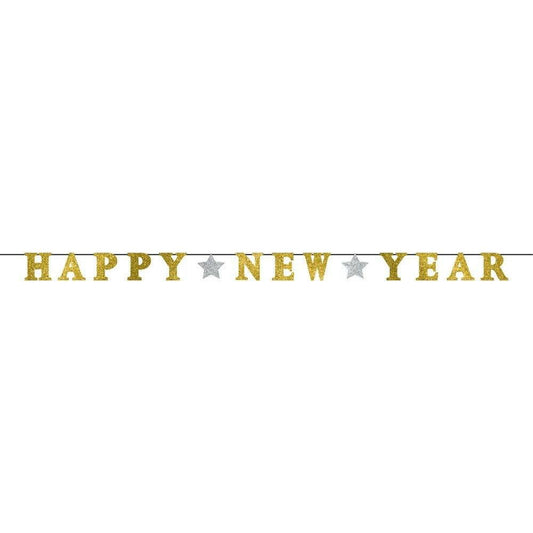 Happy New Year Ribbon Banner with Glitter Paper Letters Silver and Gold - Toy World Inc