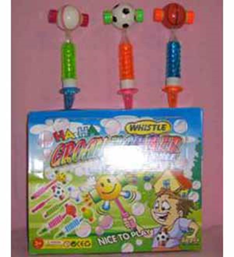 Three colorful plastic whistle toys with basketball, soccer ball, and baseball designs on top, each attached to a textured.