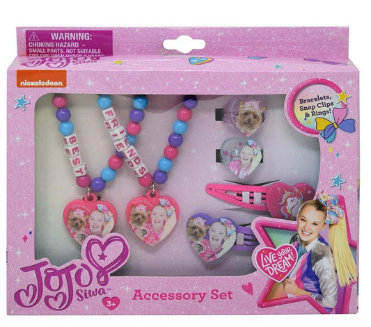 Jojo Siwa Accessory Set Includes 2 Beaded Bracelets W Charm 2 Snap Clips 2 Rings 7x1.5x6 - Toy World Inc