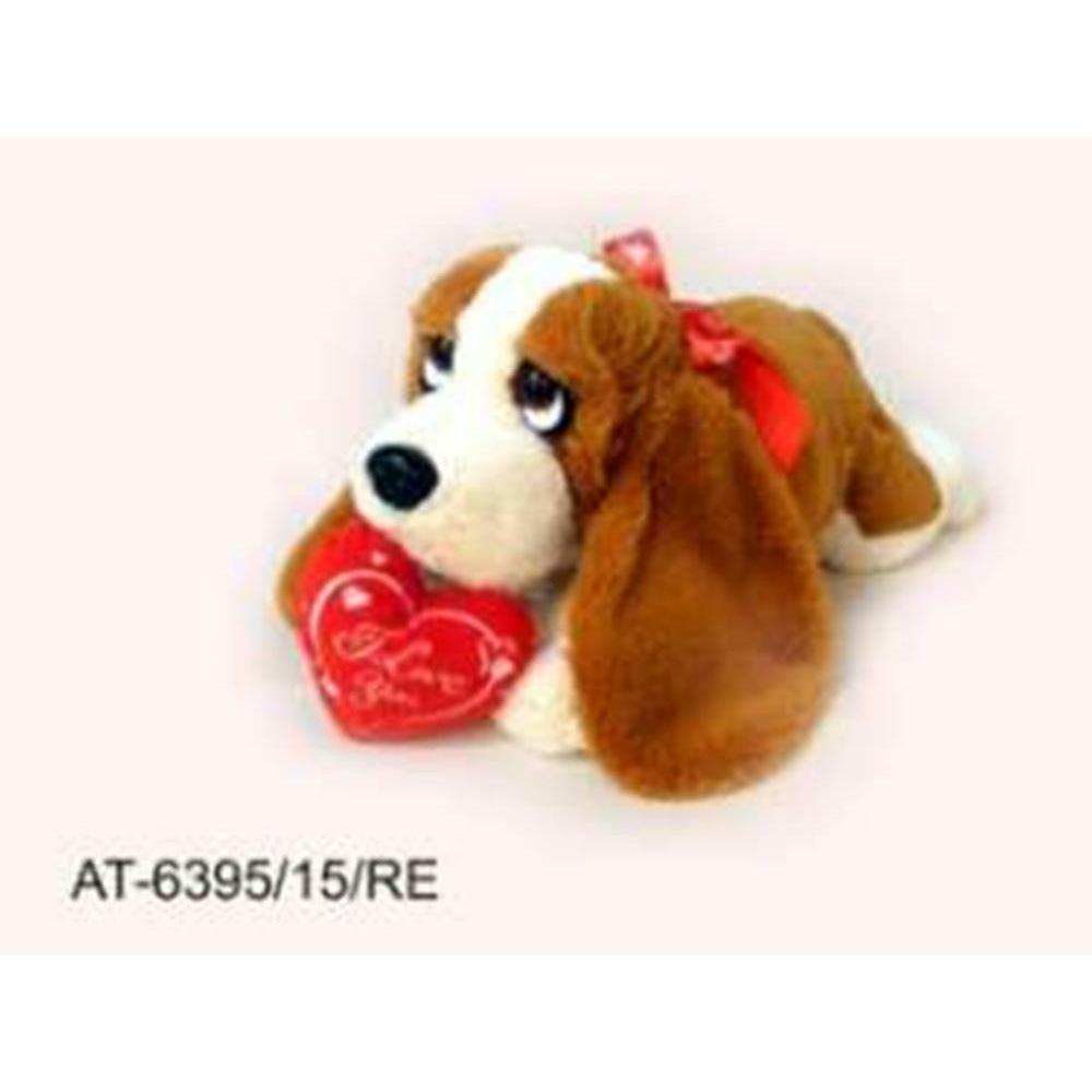 Lying Hound Dog W Red Heart 15in - Toy World Inc