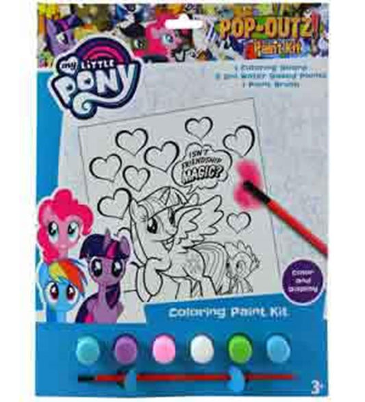 My Little Pony coloring paint set with six paint pots in green, blue, white, pink, purple, and light blue, featuring a.