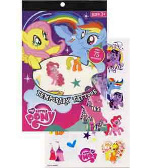 My Little Pony temporary tattoo pack with colorful pony designs and rainbow accents on purple backing.