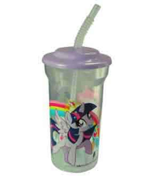 Clear plastic 16oz sports tumbler with purple lid, straw, and colorful My Little Pony design featuring two ponies and a.