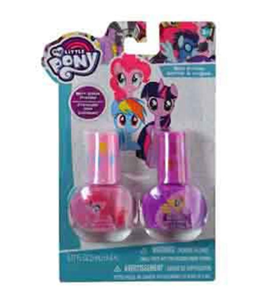 Two My Little Pony nail polish bottles in pink and purple, featuring character designs on round glass bottles with matching.