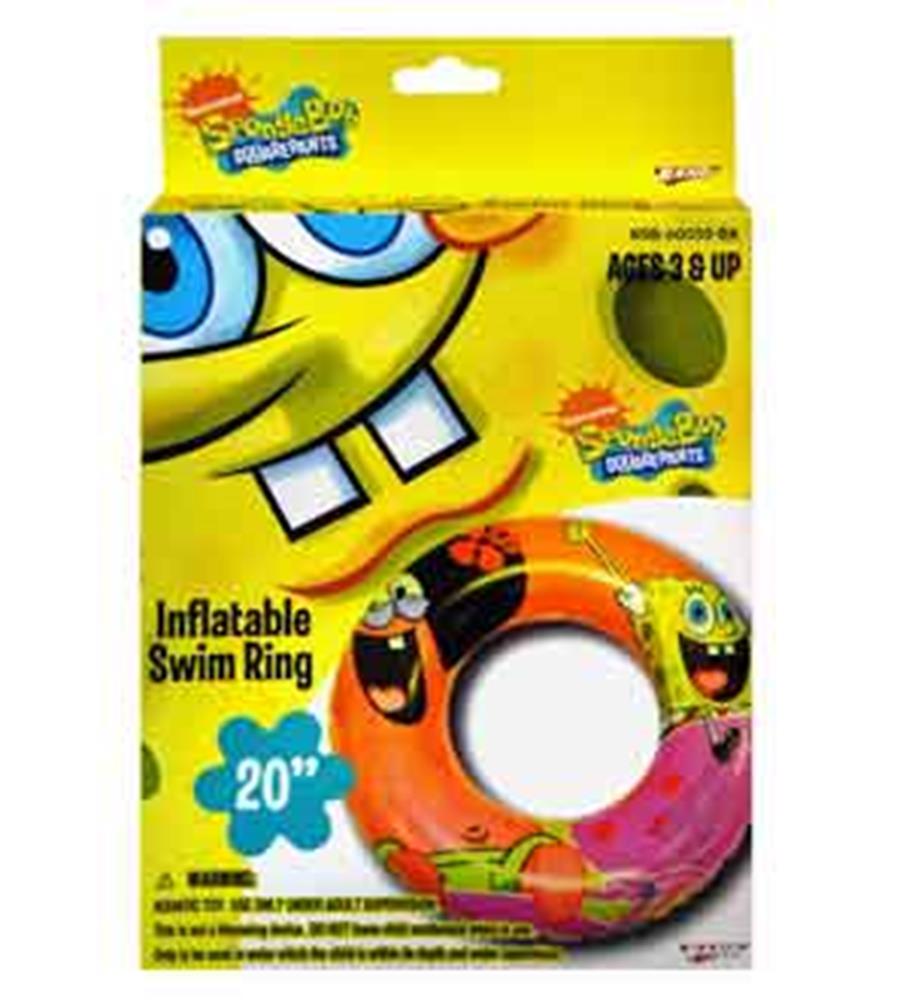 Colorful 20-inch inflatable swim ring featuring Spongebob Squarepants with bright orange and yellow colors and cartoon.