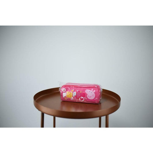 Pink Peppa Pig pencil pouch with character prints and a clear front pocket on a brown round table.