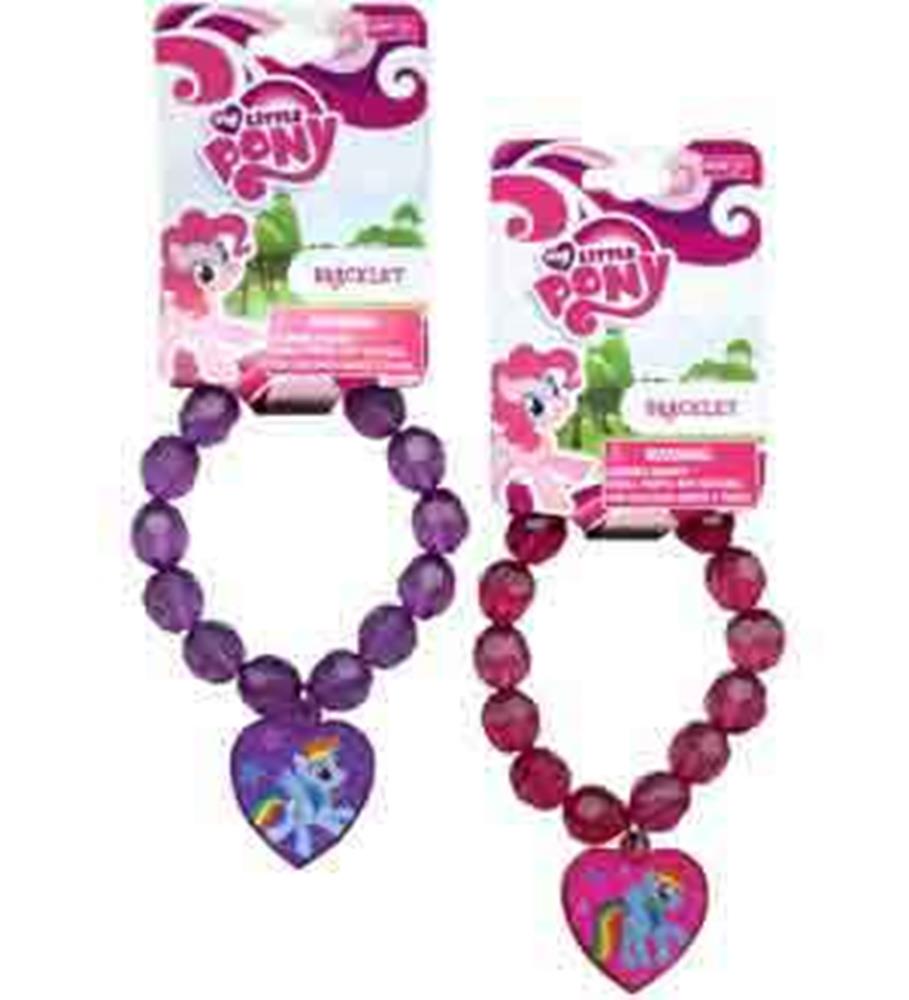 Two My Little Pony charm bracelets with round beads, one purple with a purple heart charm, the other red with a red heart.