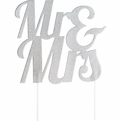 Silver Glitter Mr and Mrs Cake Topper 1Ct - Toy World Inc
