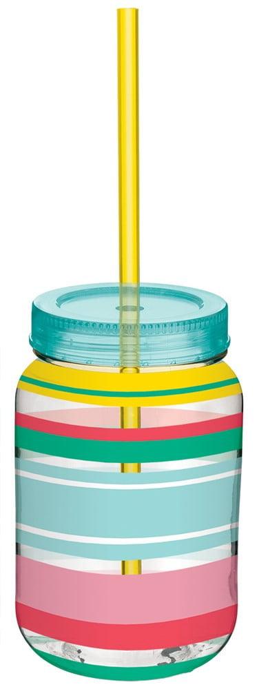 Summer Stripe Mason Cup with Straw 1ct - Toy World Inc
