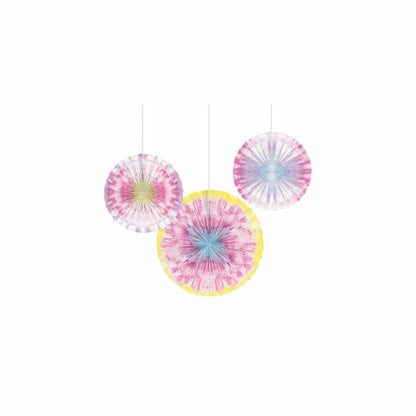 Tie Dye Party Paper Fans 16in 12in 10in 3Ct - Toy World Inc