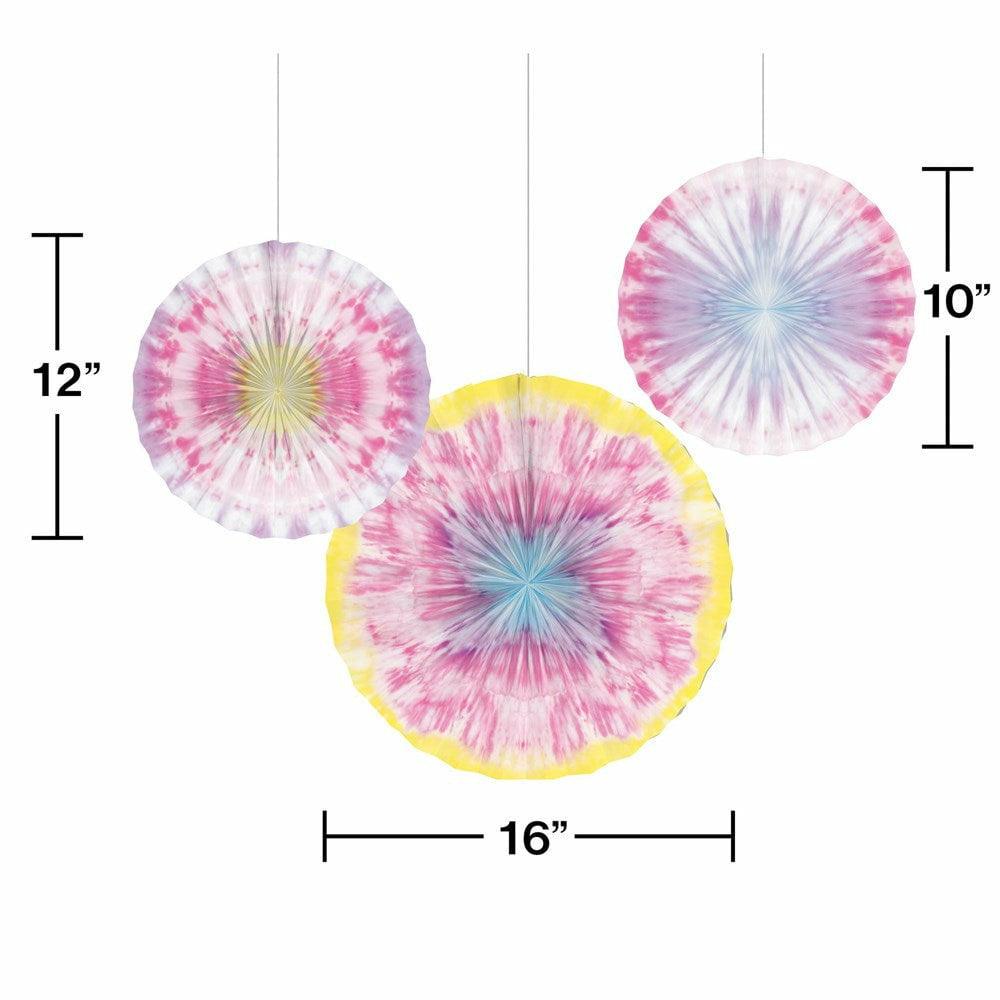 Tie Dye Party Paper Fans 16in 12in 10in 3Ct - Toy World Inc